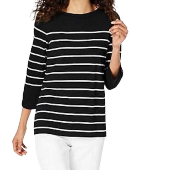 J. Jill Striped Knit Tie Back Black & White Top Womens Medium - Picture 1 of 12